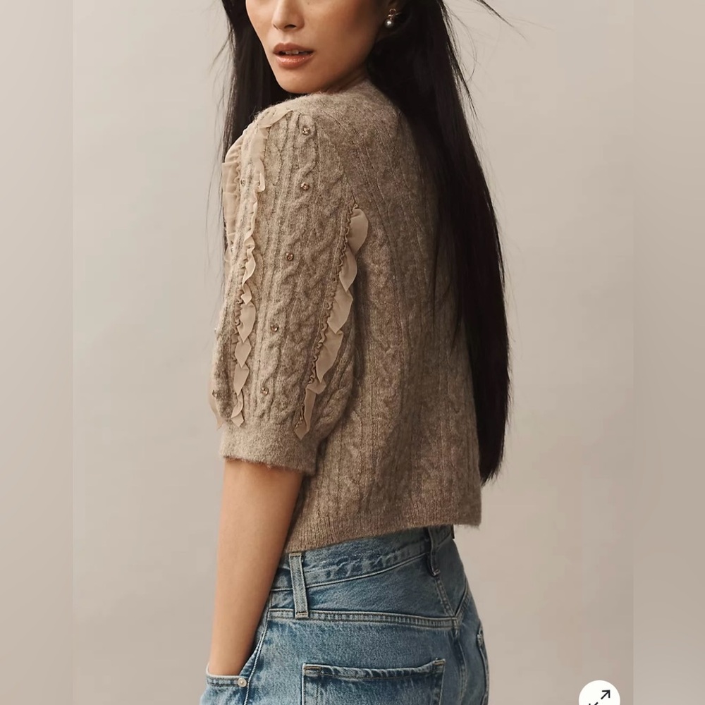 Anthropologie Maeve Embellished Ruffled Short-Sleeve Cardigan Sweater - Picture 10 of 11